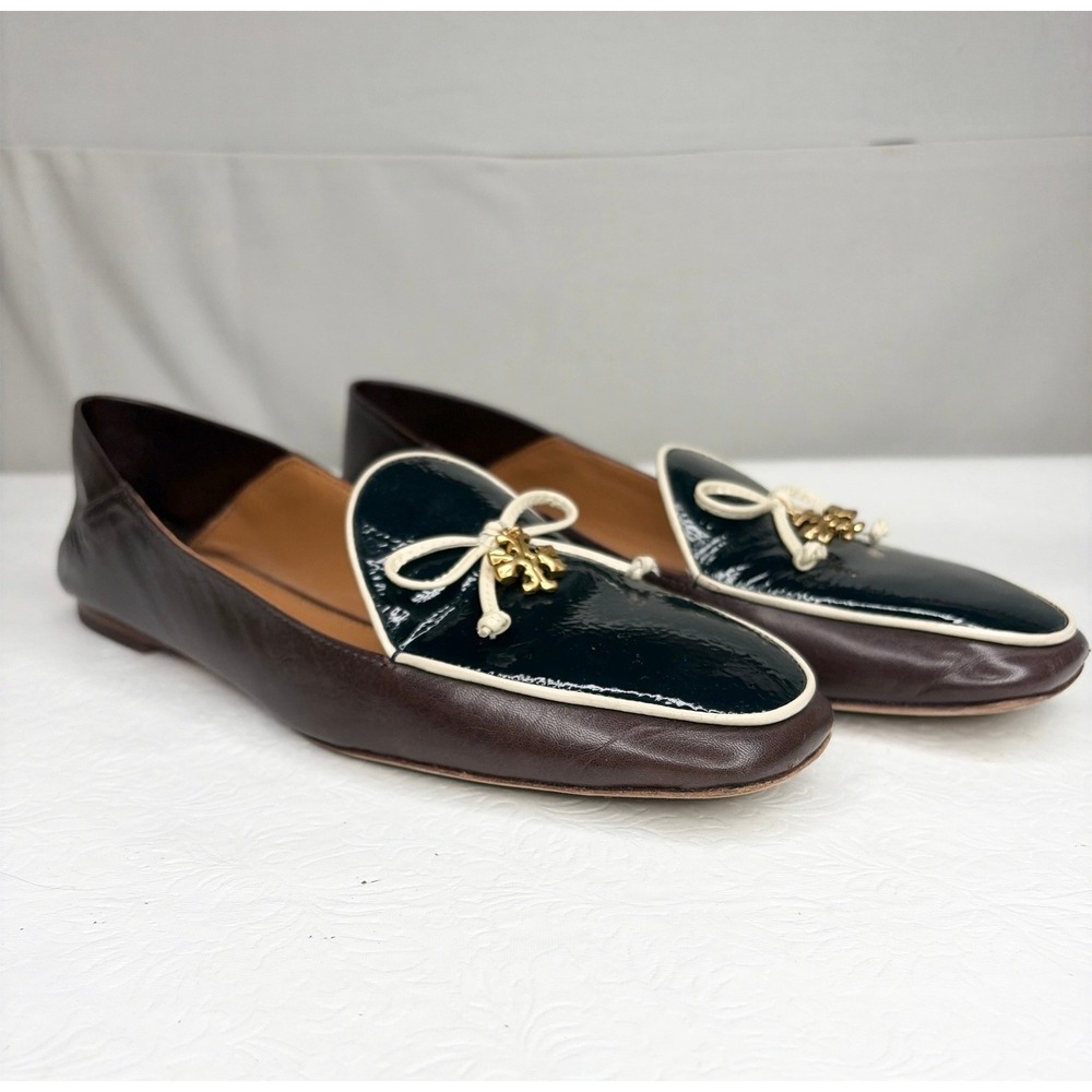 Tory Burch Charm Loafers Bordeaux Navy Cream Patent Leather Bow Logo 7.5M